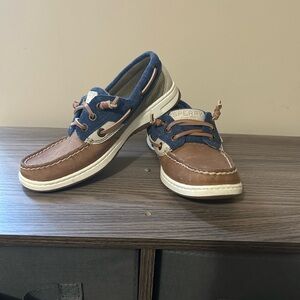 Sperry Top Sider Tan Brown Leather & Denim Casual Boat Shoes Women's Size 5M